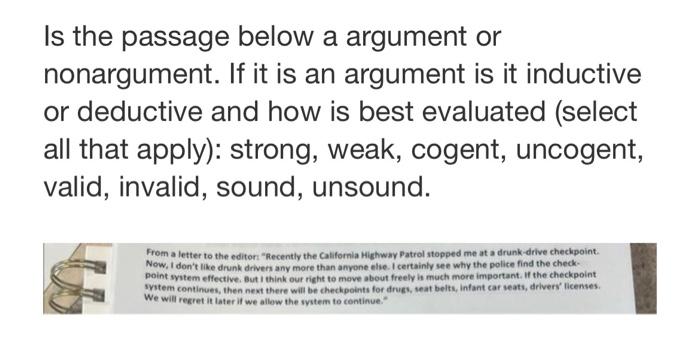Solved Is the passage below a argument or nonargument. If it | Chegg.com