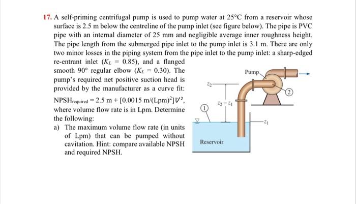 17. A self-priming centrifugal pump is used to pump water at 25°C from a reservoir whose
surface is 2.5 m below the centrelin