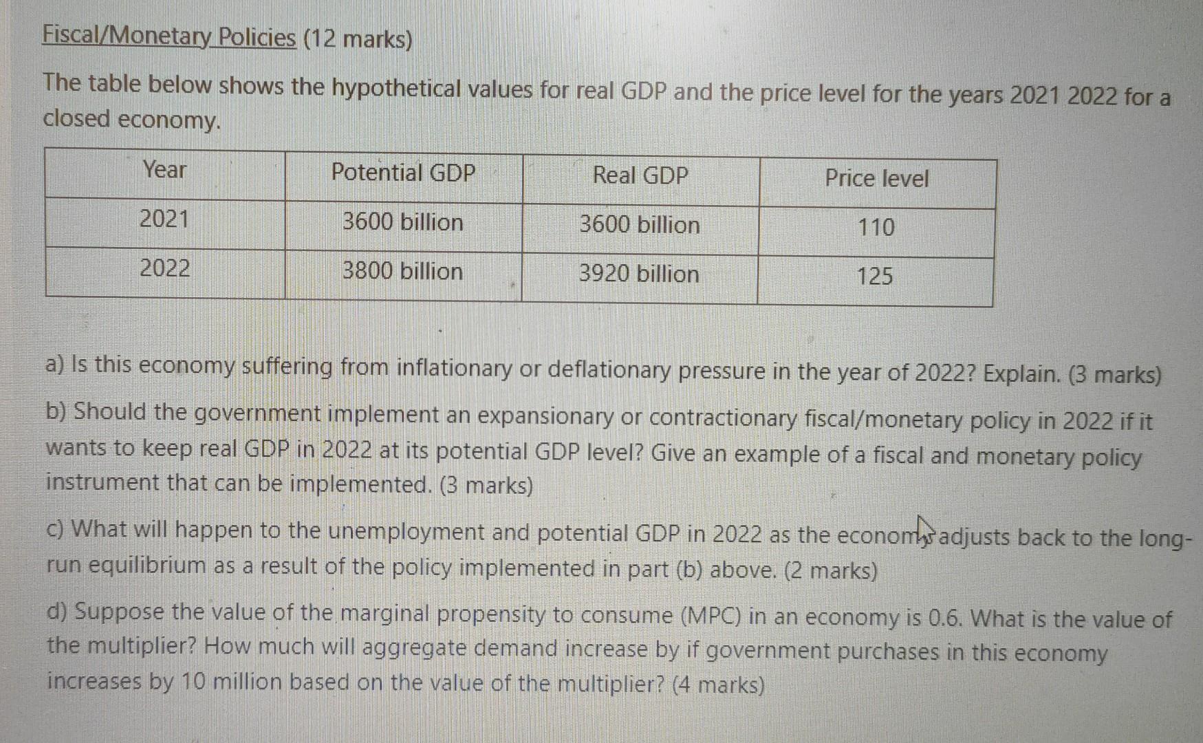 Solved Fiscal/Monetary Policies ( 12 marks) The table below | Chegg.com