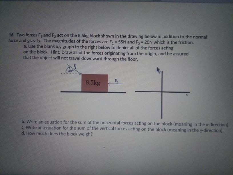 Solved 16. Two Forces F, And F2 Act On The 8.5kg Block Shown | Chegg.com