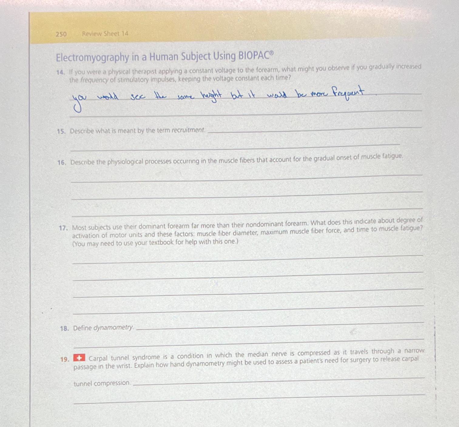 Solved 250Review sheet 14Electromyography in a Human Subject 