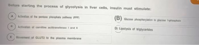 Before starting the process of glycolysis in liver cells, insulin must stimulate: A Activation of the pentose phosphate pathw