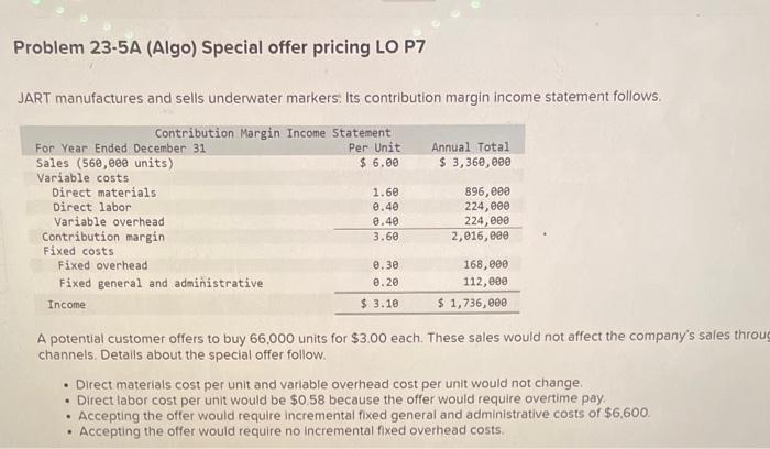 Solved Problem 23-5A (Algo) Special offer pricing LO P7 JART