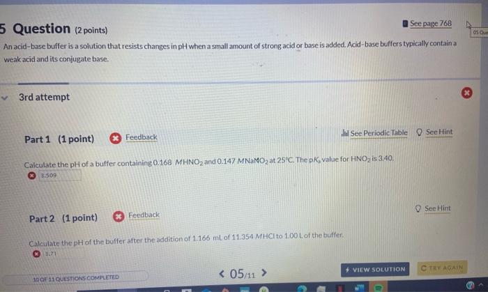 Solved 05 O 5 Question (2 points) See page 768 An acid-base | Chegg.com