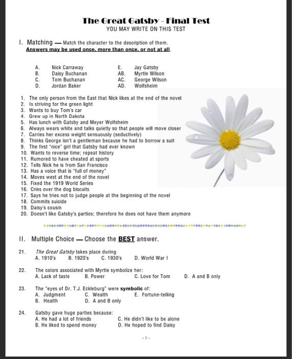 SOLUTION: Great gatsby test review - Studypool