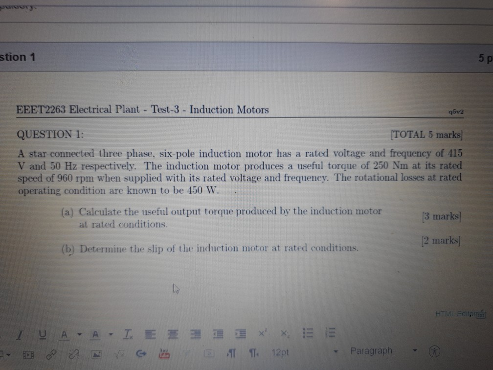 Solved wory stion 1 5 p. EEET2263 Electrical Plant - Test-3 | Chegg.com