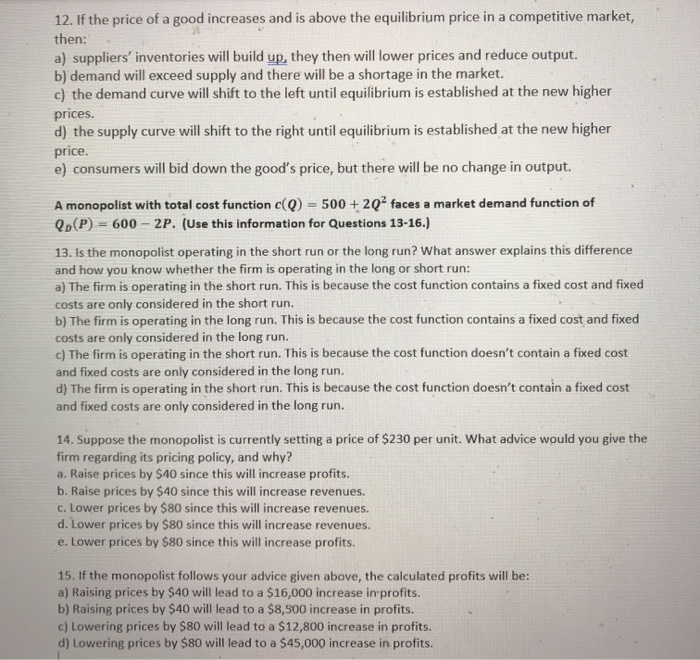 Solved 12. If the price of a good increases and is above the | Chegg.com