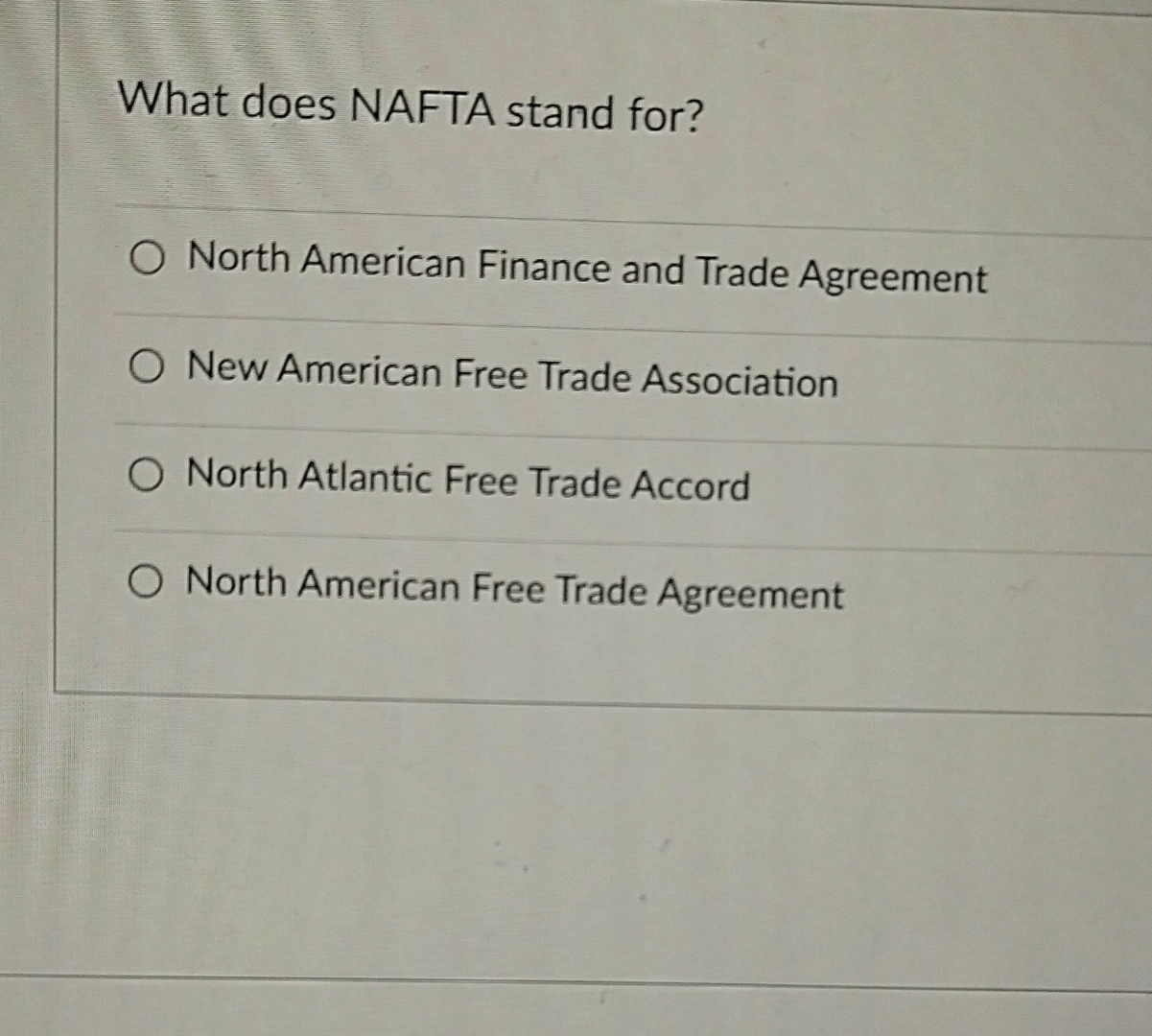 Solved What does NAFTA stand for?North American Finance and