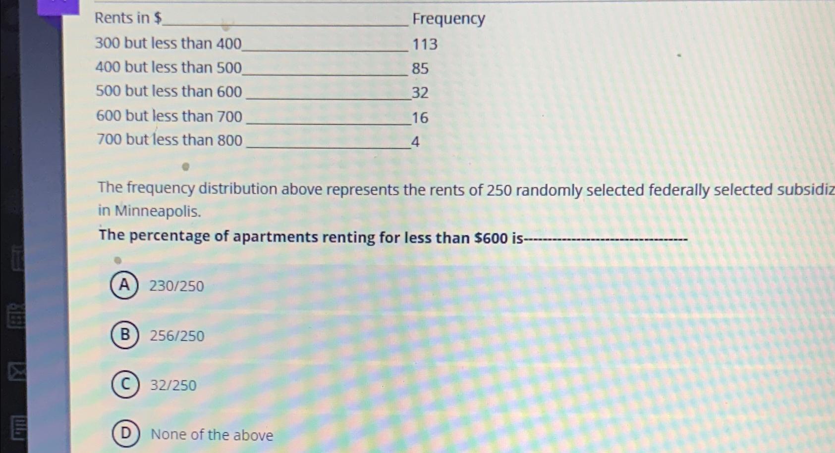 Solved Rents in $ Frequency\\n300 but less than 400 | Chegg.com