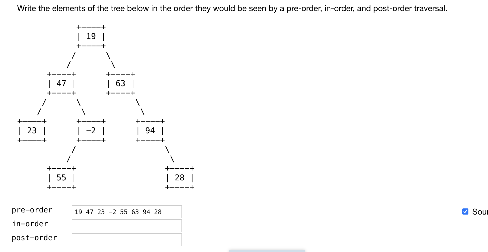 Solved Write the elements of the tree below in the order | Chegg.com