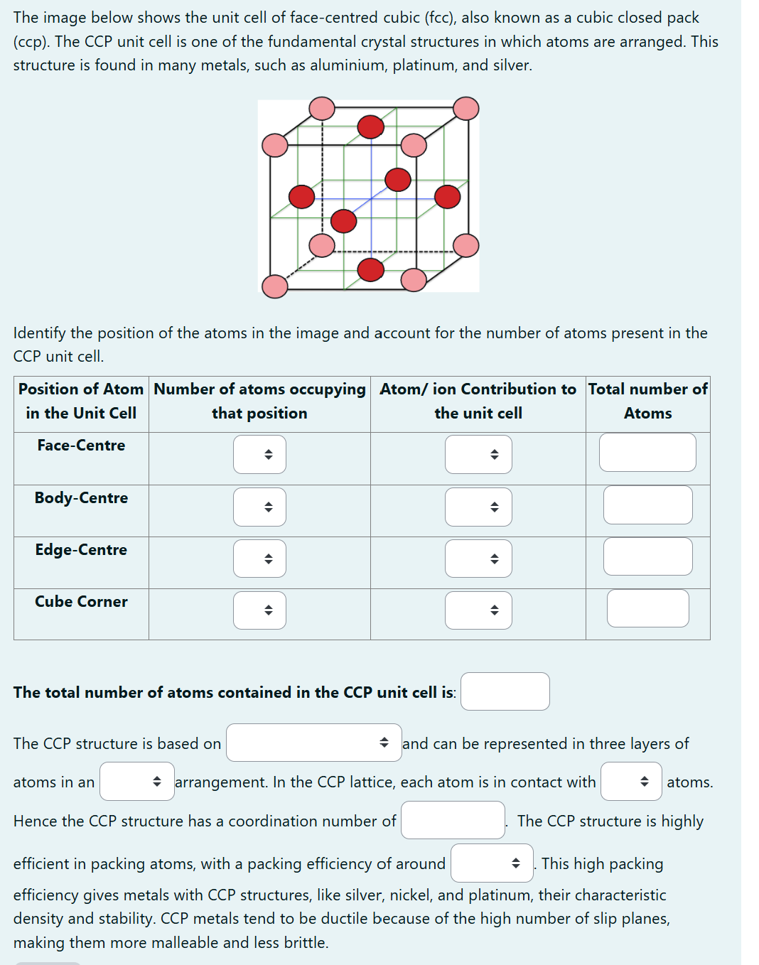 Solved The image below shows the unit cell of ﻿face-centred | Chegg.com