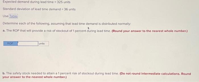 Solved Expected demand during lead time =325 units Standard | Chegg.com