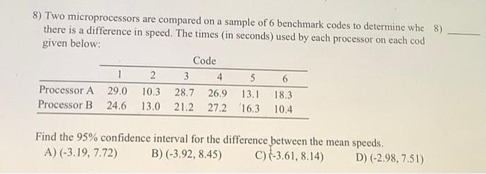 Solved 8) Two microprocessors are compared on a sample of 6 | Chegg.com
