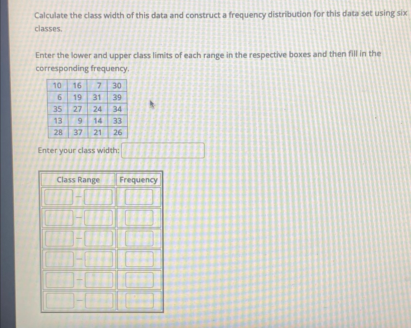 Solved Calculate the class width of this data and construct