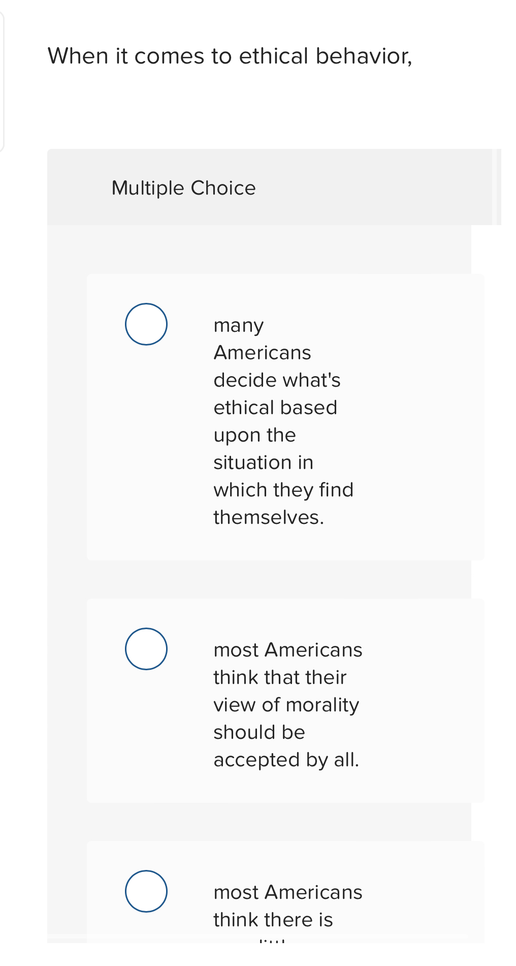 Solved When It Comes To Ethical Behavior,Multiple | Chegg.com