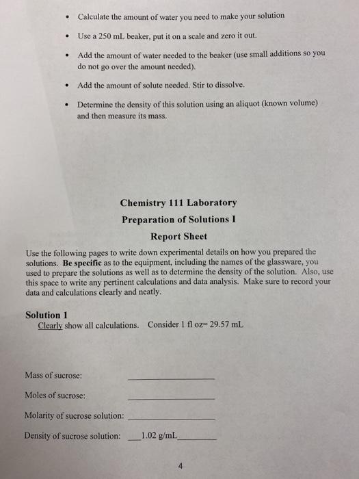 Solved Chemistry 111 Laboratory Preparation of Solutions I | Chegg.com