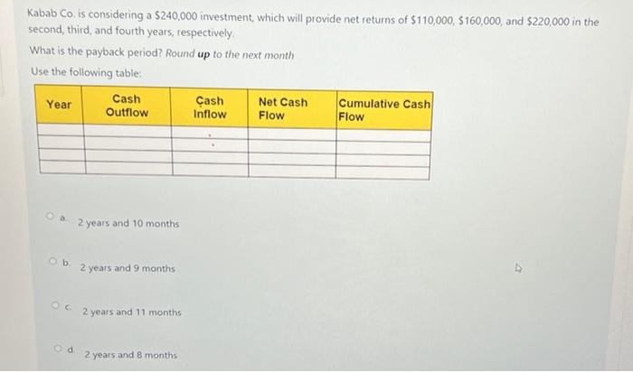 Solved Kabab Co. Is Considering A $240,000 Investment, Which | Chegg.com