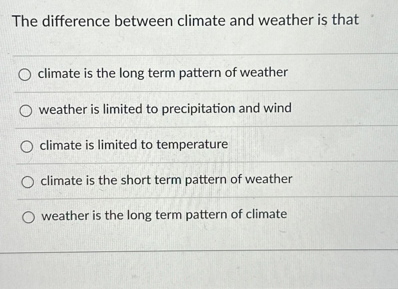 Solved The difference between climate and weather is | Chegg.com