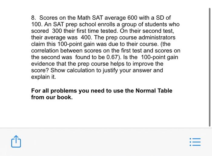 Solved 8. Scores on the Math SAT average 600 with a SD of | Chegg.com