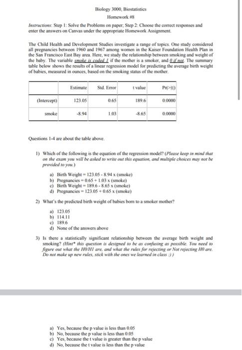 Solved Biology 3000, Biostatistics Homework #8 Instructions: | Chegg.com