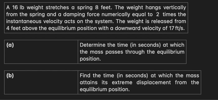 Solved A 16lb weight stretches a spring 8 feet. The weight | Chegg.com