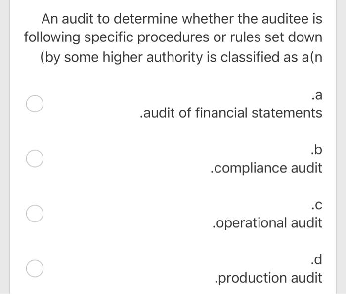 Solved An audit to determine whether the auditee is | Chegg.com