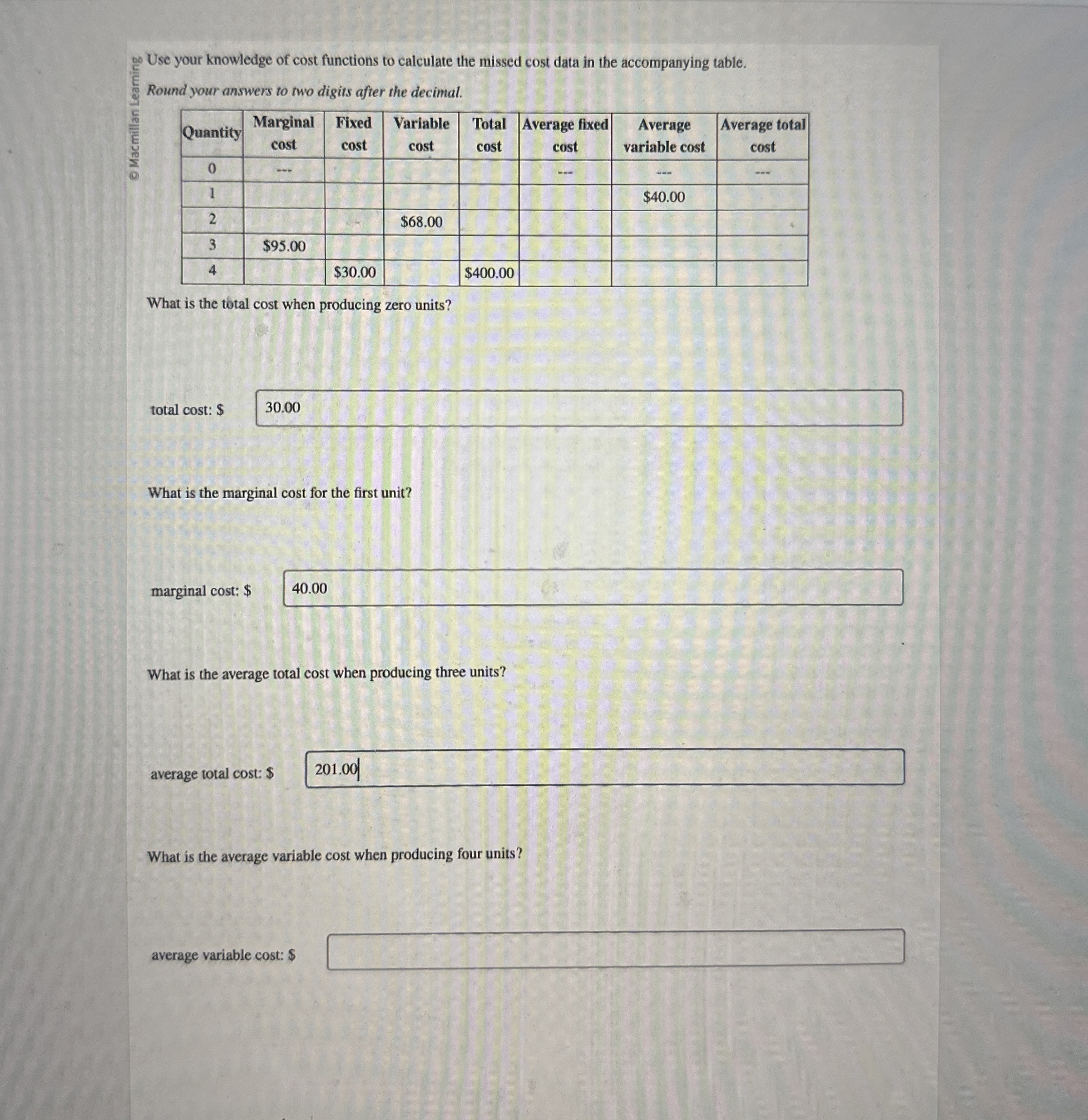 Solved Use your knowledge of cost functions to calculate the | Chegg.com