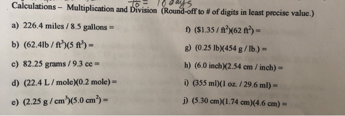 Solved Calculations Multiplication And Division Round Chegg Com