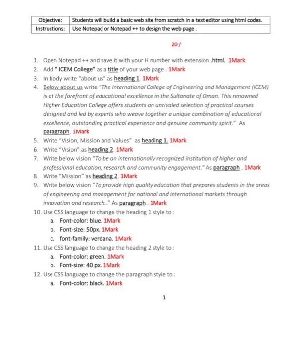 Solved Objective: Students will build a basic web site from | Chegg.com
