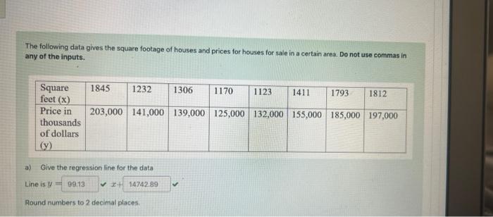 Solved The Following Data Gives A Square Footage Of Houses | Chegg.com