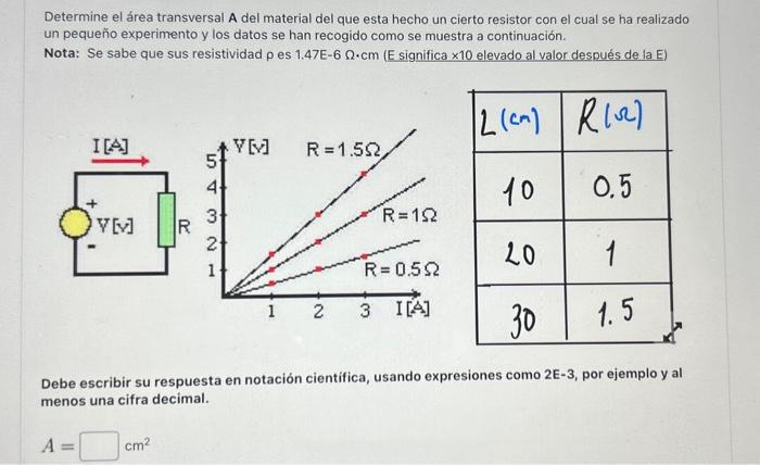 Determine el área transversal A del material del que esta hecho un cierto resistor con el cual se ha realizado un pequeño exp