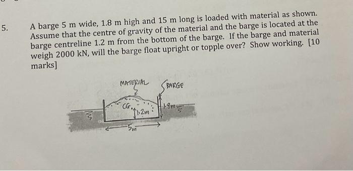 Solved A Barge 5 M Wide, 1.8 M High And 15 M Long Is Loaded | Chegg.com