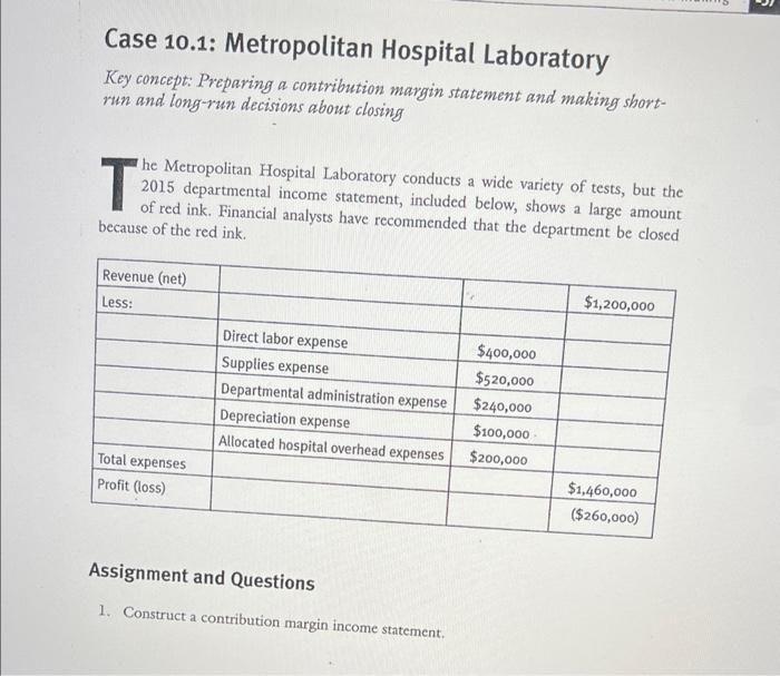 Solved Case 10.1 Metropolitan Hospital Laboratory Key