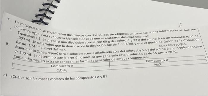 1. Solubles en torio se encontraron dos trascos con dos solidos sin etiqueta, unicamente con la intormacion de que son Experi