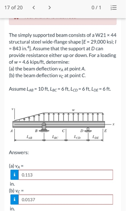 Solved 17 of 20 0/1 The simply supported beam consists of a | Chegg.com