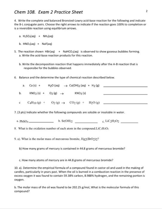 Solved 1 Chem 108. Exam 2 Practice Sheet 1. Name the | Chegg.com