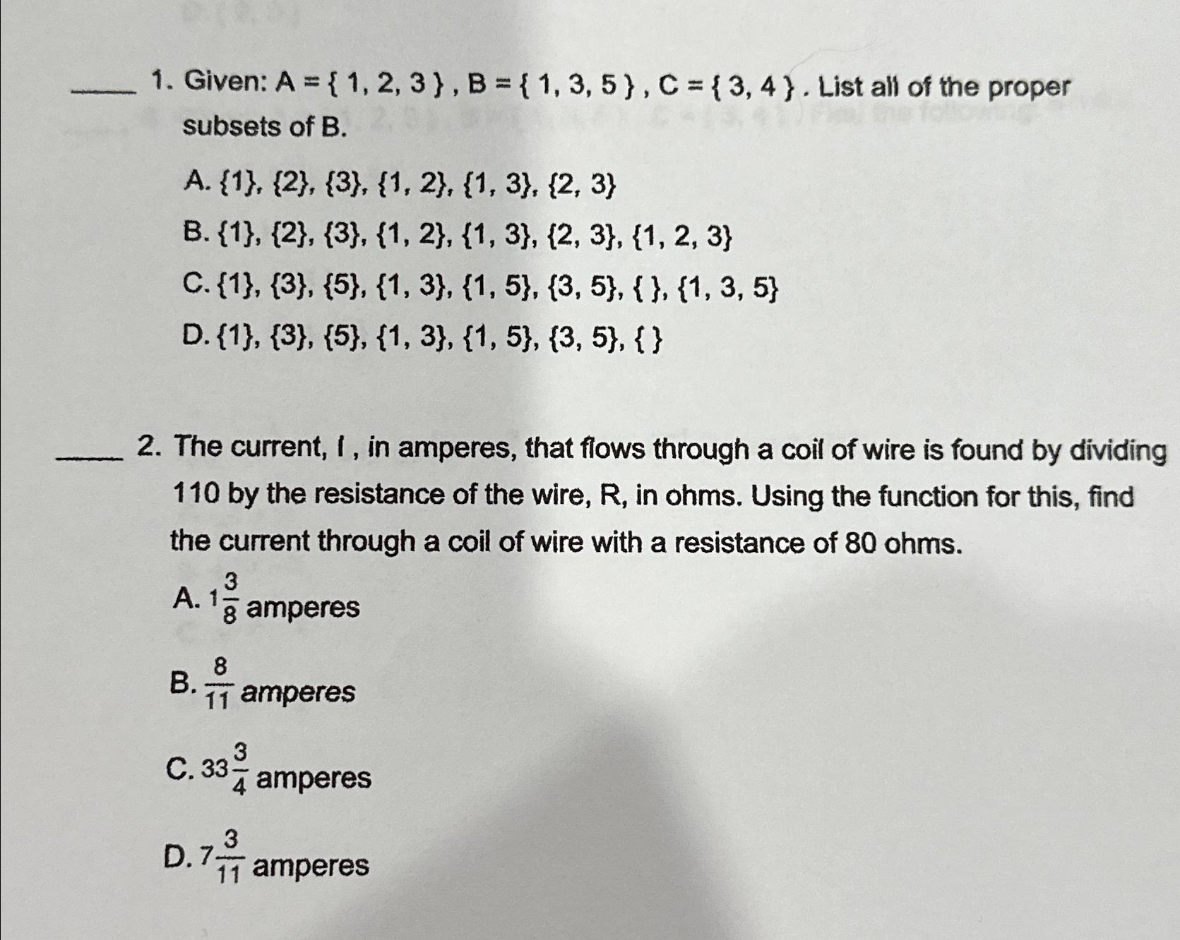 Solved Given: A={1,2,3},B={1,3,5},C={3,4}. ﻿List All Of The | Chegg.com