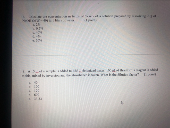 Solved 7 Calculate The Concentration In Terms Of W V O Chegg Com