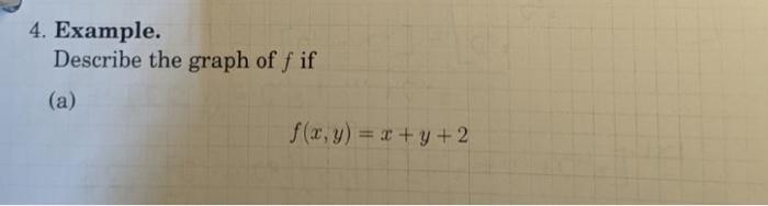 4. Example. Describe the graph of \( f \) if (a) \[ f(x, y)=x+y+2 \]