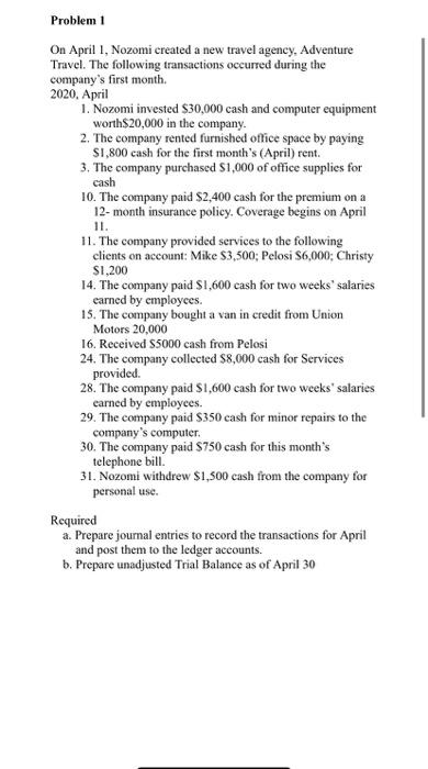 Solved Problem 1 On April 1, Nozomi created a new travel | Chegg.com