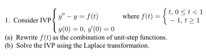 Solved 1. Consider IVP {y′′−y=f(t)y(0)=0,y′(0)=0 where | Chegg.com