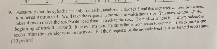 9. Assuming that the cylinder has only six tracks, numbered through 5, and that each track contains five sectors, numbered 0