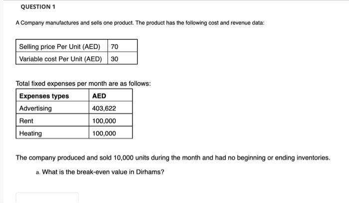 Solved A Company manufactures and sells one product. The | Chegg.com