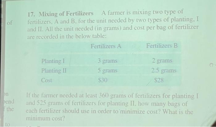 Solved of on bend the to 17. Mixing of Fertilizers A farmer | Chegg.com