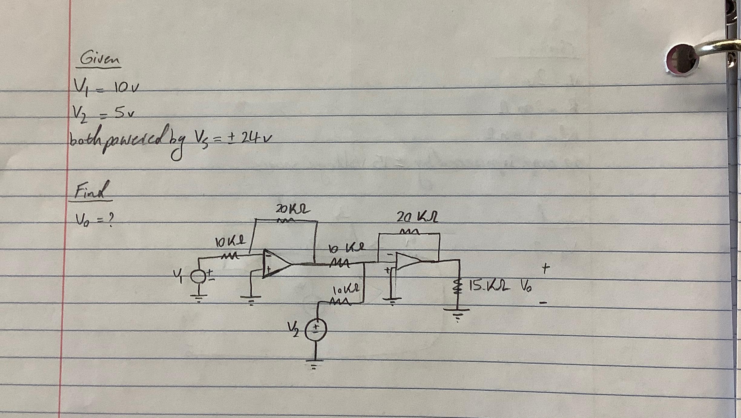 Solved Givenv1=10vv2=5vbath pawered by Vs=+-24vFindVa= ? | Chegg.com