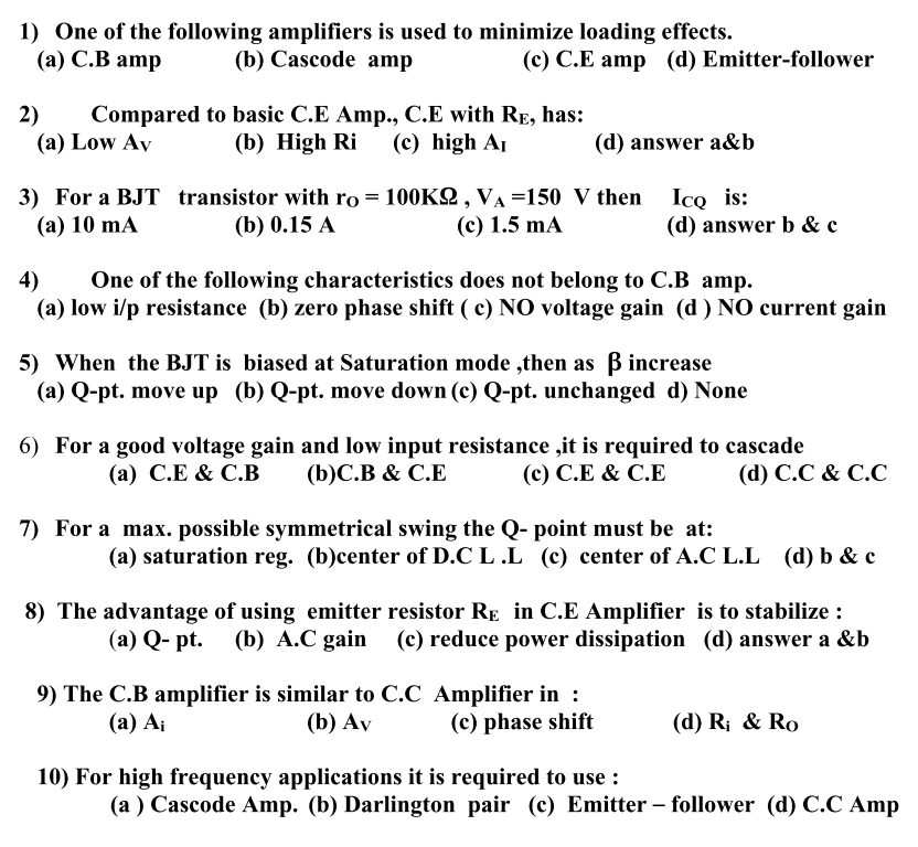 Solved Electronics BJT MCQ PLEASE SOLVE ALL ITS A MCQ | Chegg.com