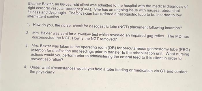Solved Eleanor Baxter, an 88-year-old client was admitted to | Chegg.com