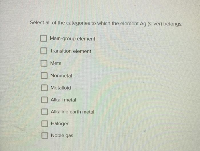 Solved Select all of the categories to which the element Ag | Chegg.com