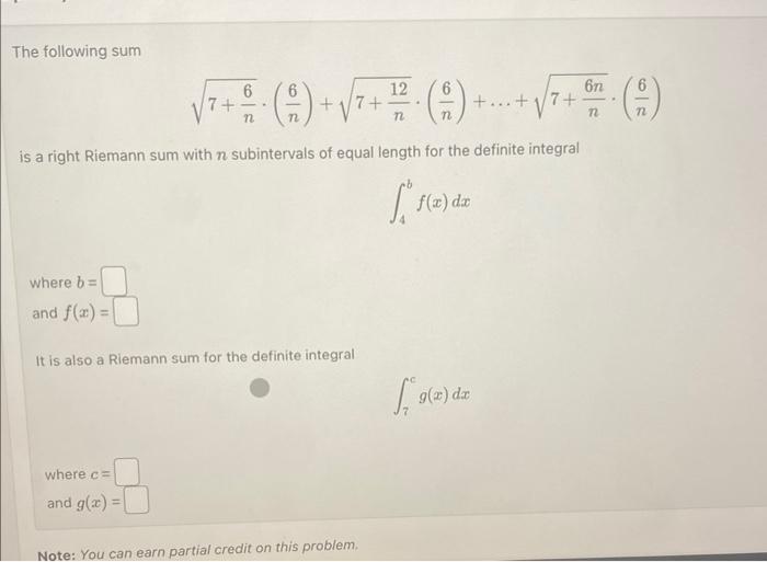 Solved The following sum 7+n6⋅(n6)+7+n12⋅(n6)+…+7+n6n⋅(n6) | Chegg.com