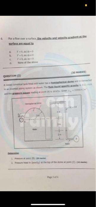 Solved 6 cadeath For a flow over a surface the velocity and | Chegg.com